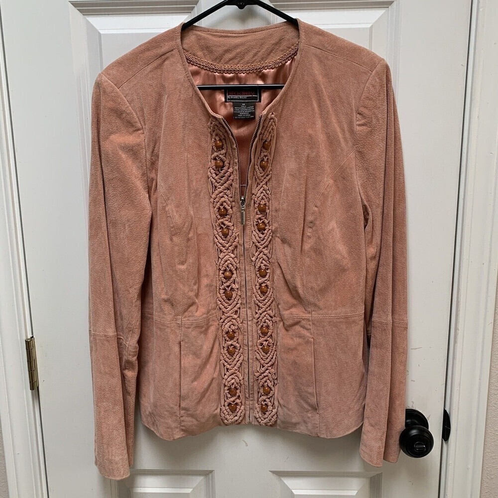 Womens M Bradley By Bradley Bayou Genuine Leather Jacket Blush Pink Beads